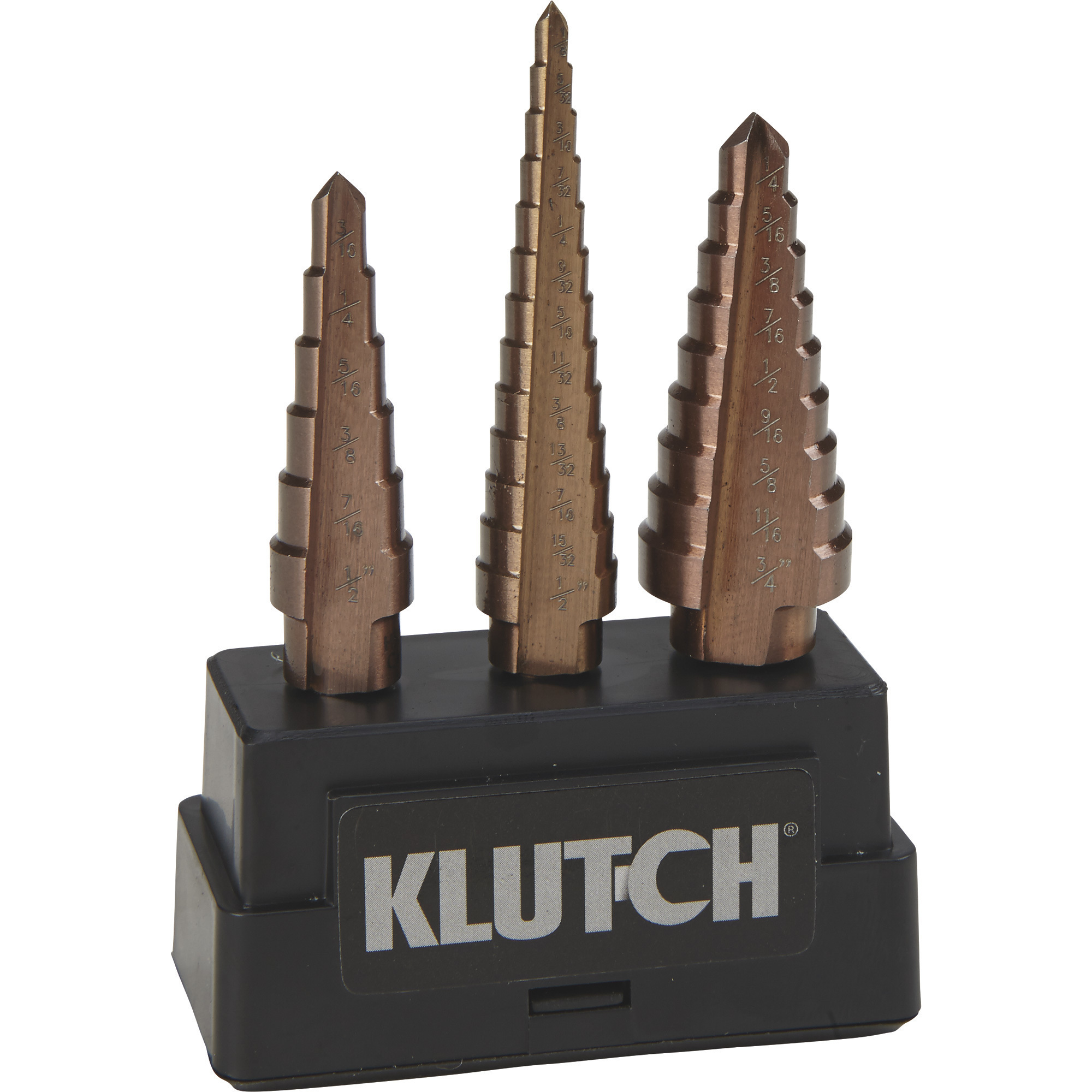Klutch Cobalt Step Drill Bit Set, 3-Pc., 3/16in. to 3/4in. Dia.